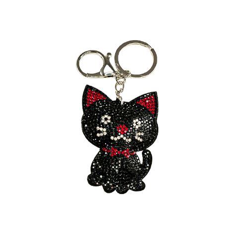 GLITTER - Strasszköves fekete cica kulcstartó - táskadísz